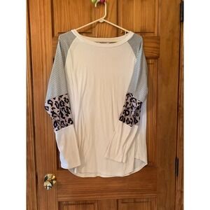 Striped Leopard Sleeve Top, White‎ Raglan Long Sleeve Comfy Casual Style